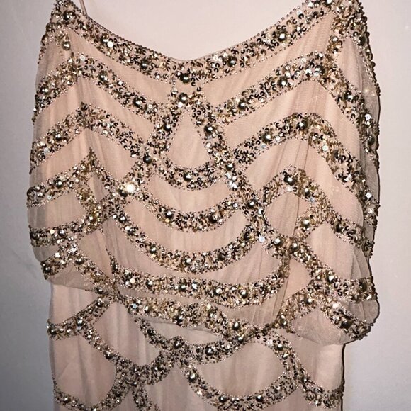 Aidan Mattox Beige Dress With Gold Sequin and Spaghetti Straps Size 4 - Picture 4 of 13